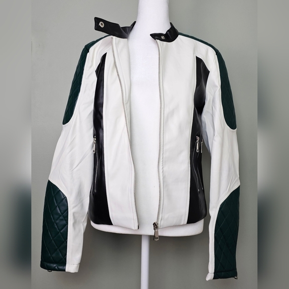 Color-block Vegan Leather Moto Jacket Black White Dark Green LARGE - Picture 8 of 13
